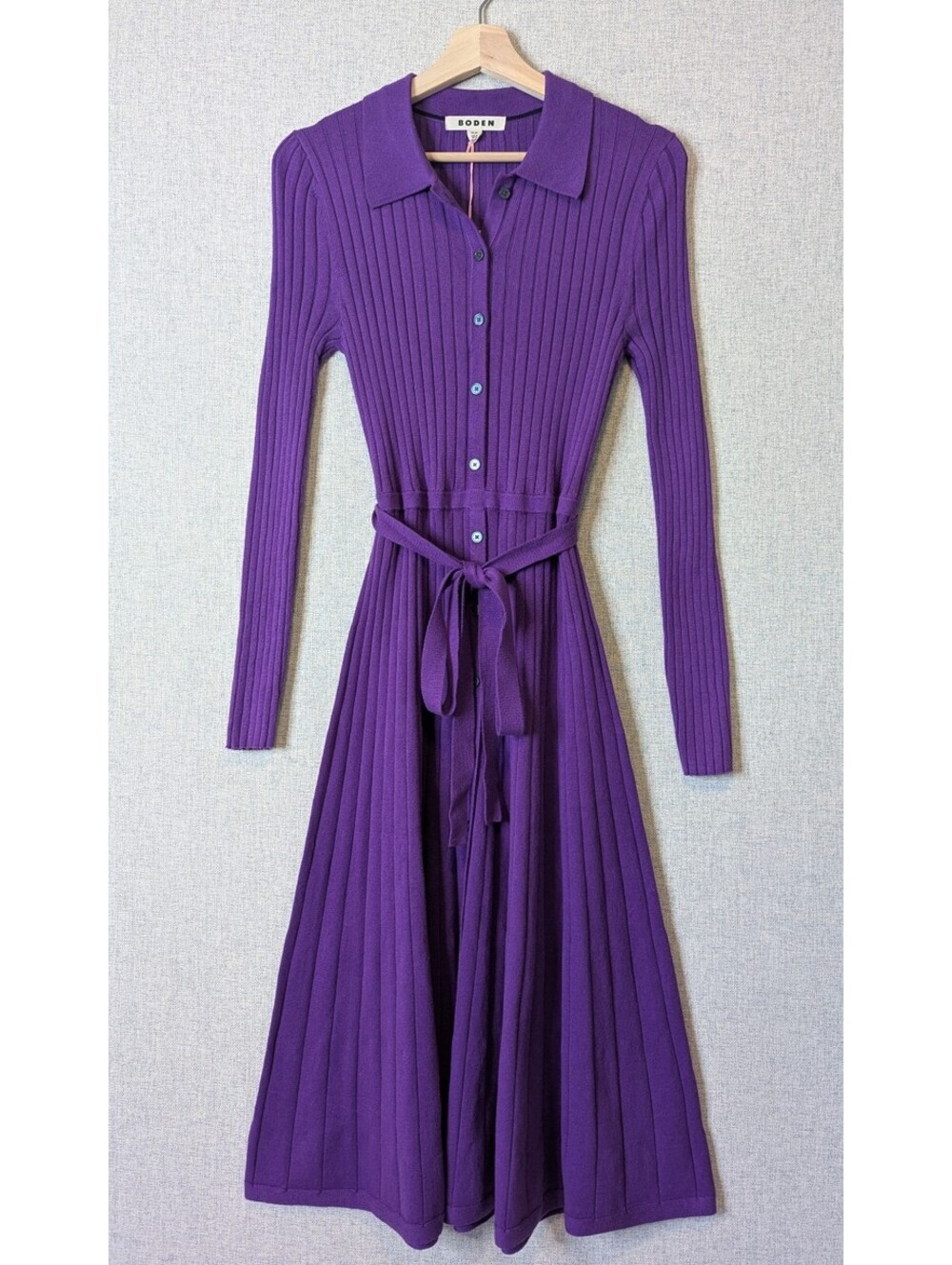 NWT Boden 'Rachel' ribbed knit cotton & wool belted midi dress